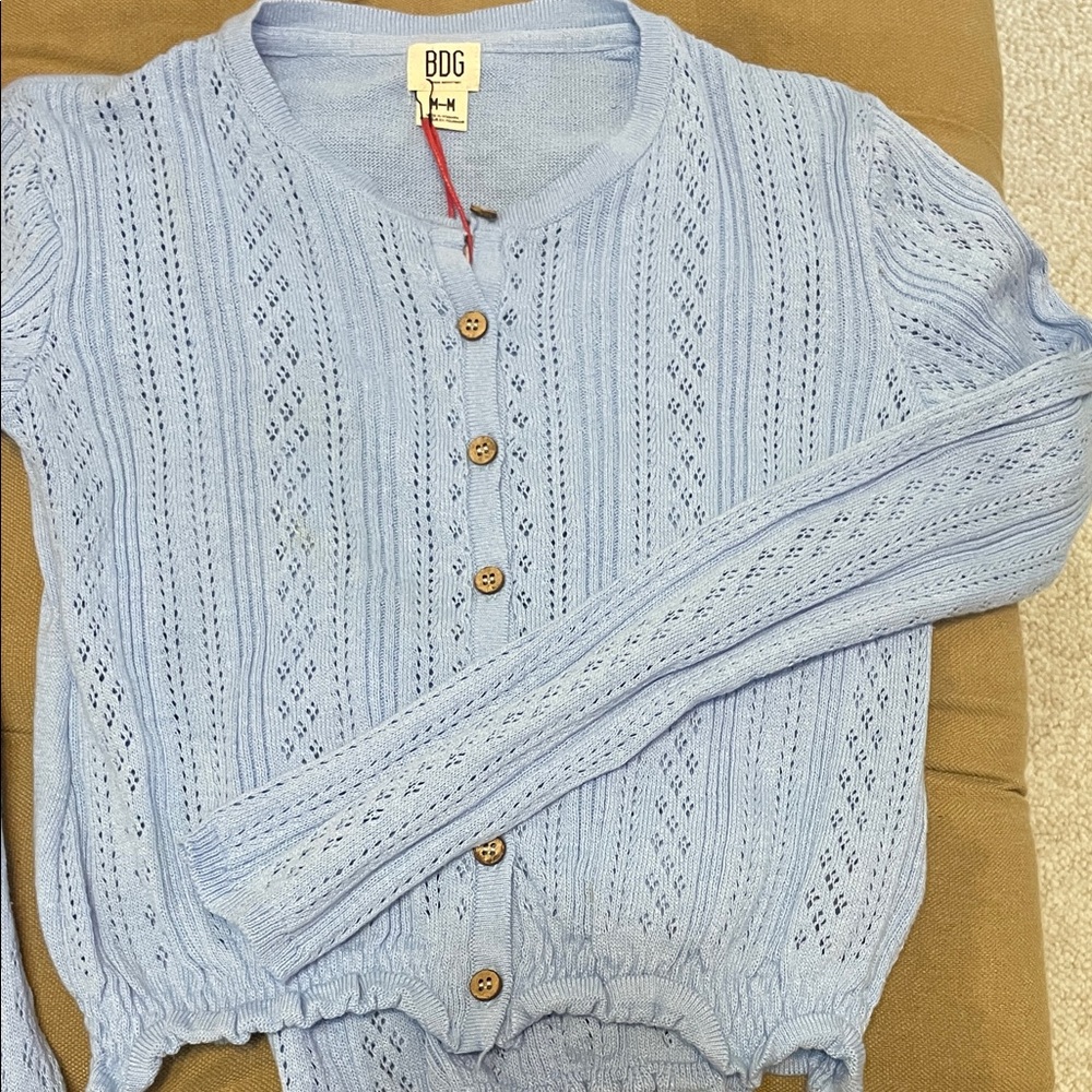 BDG Light Blue Open-Knit Button Cardigan